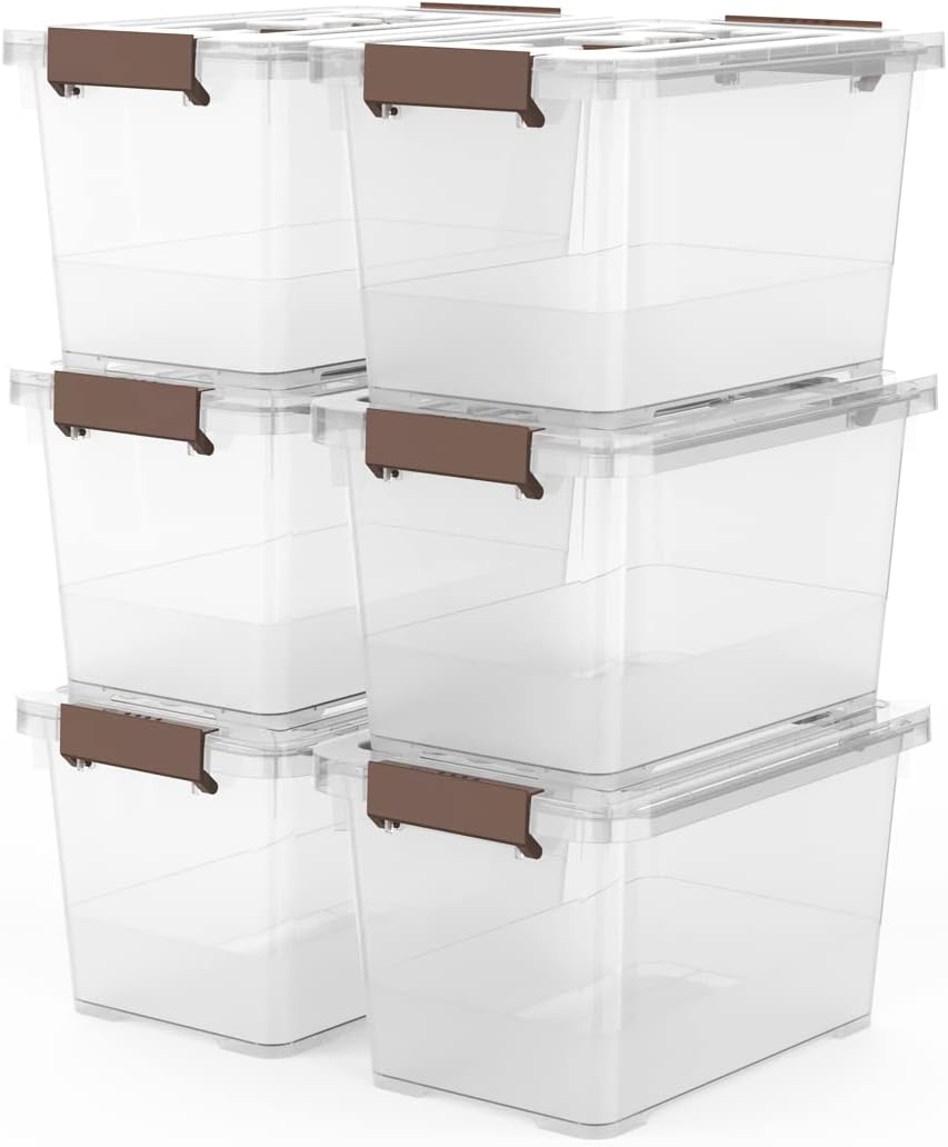 WYT 6-Pack Clear 7 Quart Storage Latch Box/Bins, Plastic Stackable Latching Box with Brown Handle and Lid, Multi-Purpose, 7 Litre - Grand Goldman