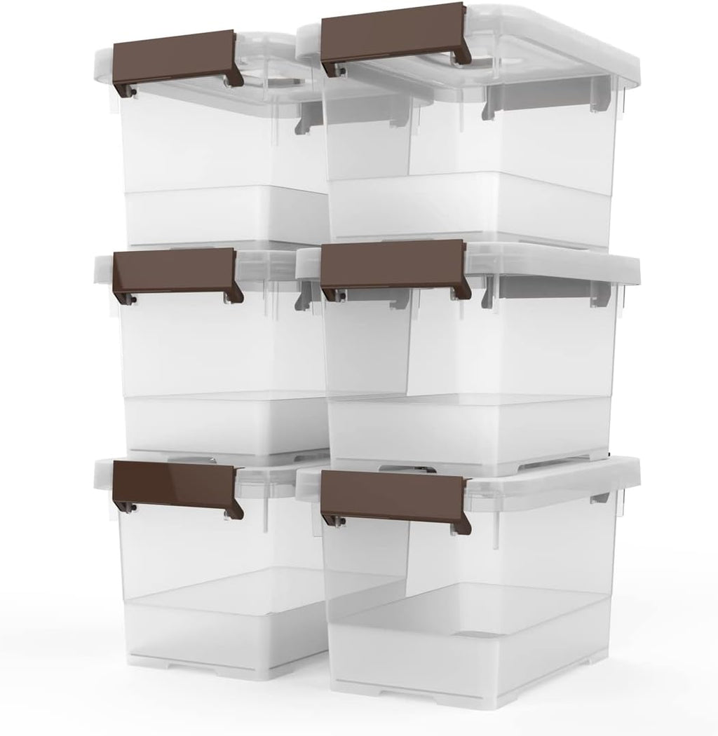 WYT 6-Pack Clear 7 Quart Storage Latch Box/Bins, Plastic Stackable Latching Box with Brown Handle and Lid, Multi-Purpose, 7 Litre - Grand Goldman