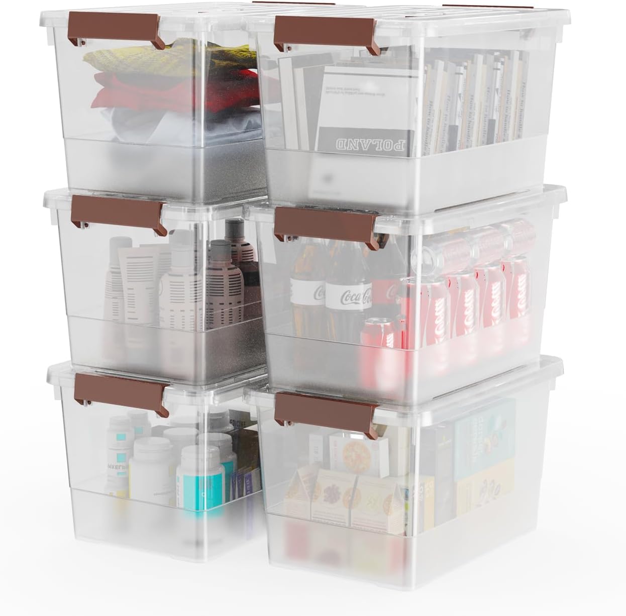 WYT 6-Pack Clear 7 Quart Storage Latch Box/Bins, Plastic Stackable Latching Box with Brown Handle and Lid, Multi-Purpose, 7 Litre - Grand Goldman