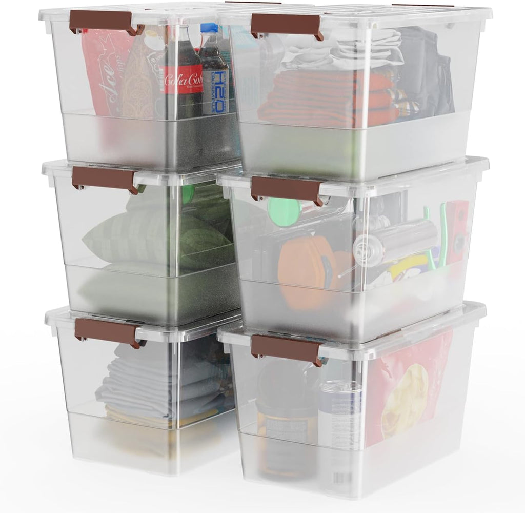 WYT 6-Pack Clear 7 Quart Storage Latch Box/Bins, Plastic Stackable Latching Box with Brown Handle and Lid, Multi-Purpose, 7 Litre - Grand Goldman