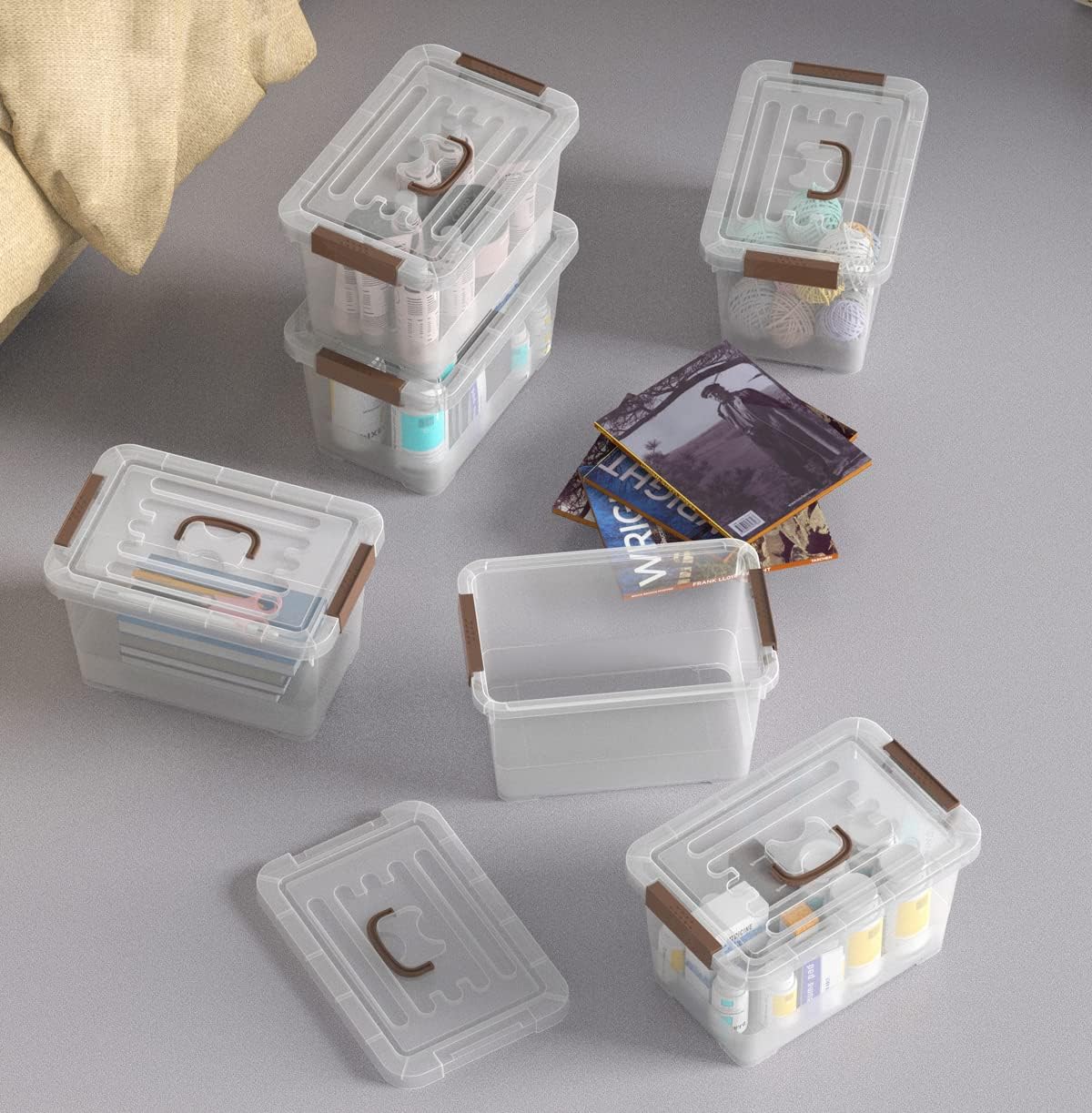 WYT 6-Pack Clear 7 Quart Storage Latch Box/Bins, Plastic Stackable Latching Box with Brown Handle and Lid, Multi-Purpose, 7 Litre - Grand Goldman