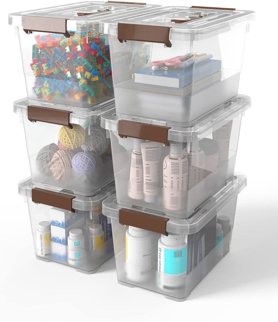 WYT 6-Pack Clear 7 Quart Storage Latch Box/Bins, Plastic Stackable Latching Box with Brown Handle and Lid, Multi-Purpose, 7 Litre - Grand Goldman