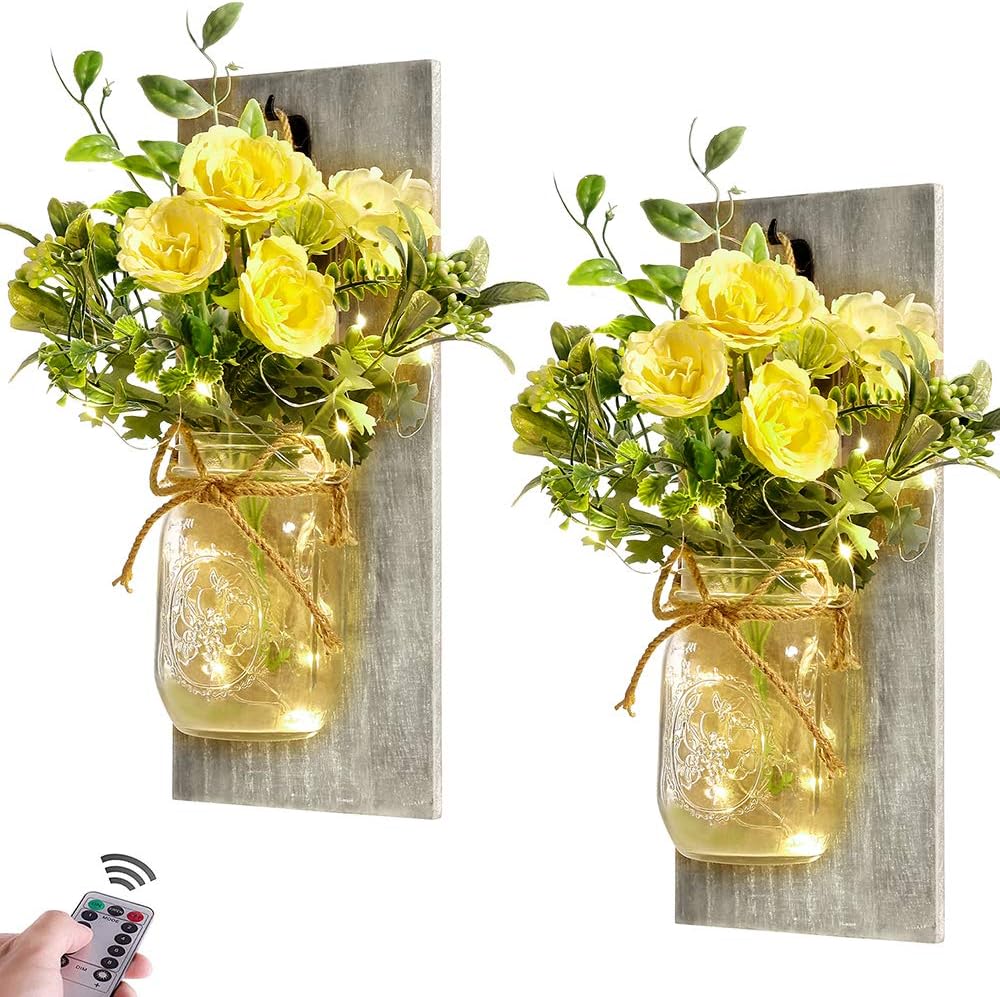 Wall Decor Mason Jar Sconces - Home Decor Wall Art Hanging Design with Remote Control LED Fairy Lights and White Rose, Farmhouse Wall Decorations for Bedroom Living Room Lights Set of Two - Grand Goldman