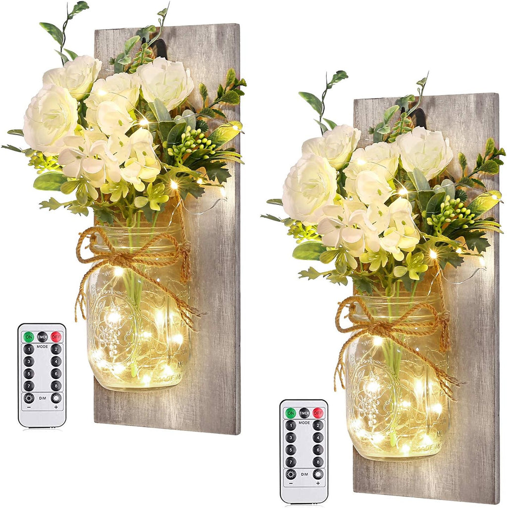 Wall Decor Mason Jar Sconces - Home Decor Wall Art Hanging Design with Remote Control LED Fairy Lights and White Rose, Farmhouse Wall Decorations for Bedroom Living Room Lights Set of Two - Grand Goldman