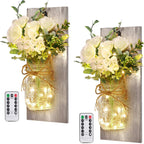 Wall Decor Mason Jar Sconces - Home Decor Wall Art Hanging Design with Remote Control LED Fairy Lights and White Rose, Farmhouse Wall Decorations for Bedroom Living Room Lights Set of Two - Grand Goldman