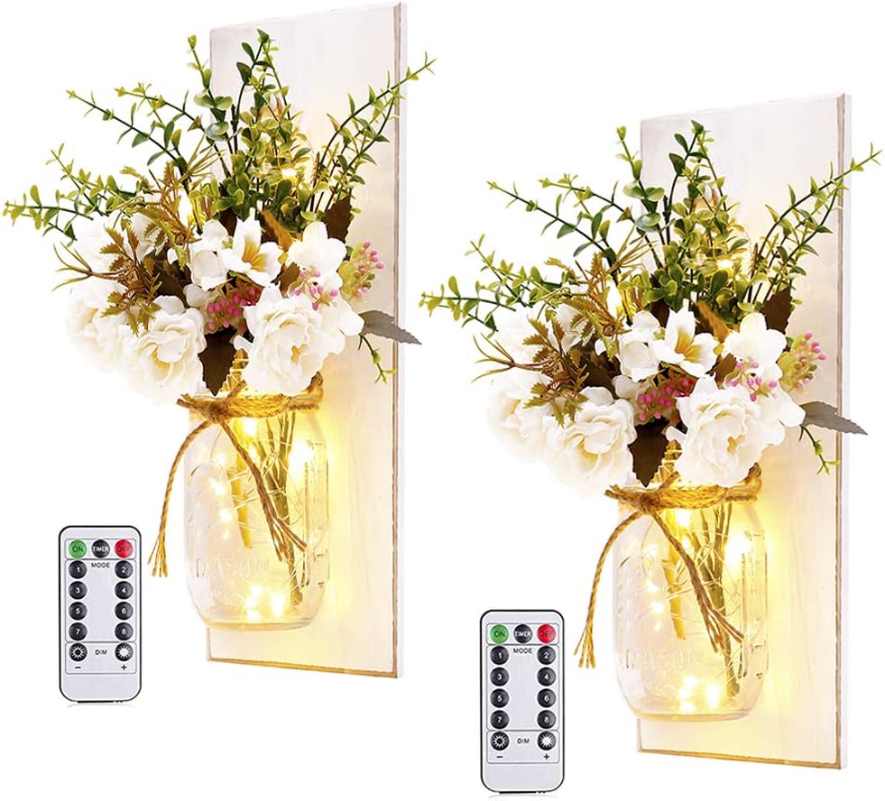 Wall Decor Mason Jar Sconces - Home Decor Wall Art Hanging Design with Remote Control LED Fairy Lights and White Rose, Farmhouse Wall Decorations for Bedroom Living Room Lights Set of Two - Grand Goldman