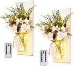 Wall Decor Mason Jar Sconces - Home Decor Wall Art Hanging Design with Remote Control LED Fairy Lights and White Rose, Farmhouse Wall Decorations for Bedroom Living Room Lights Set of Two - Grand Goldman