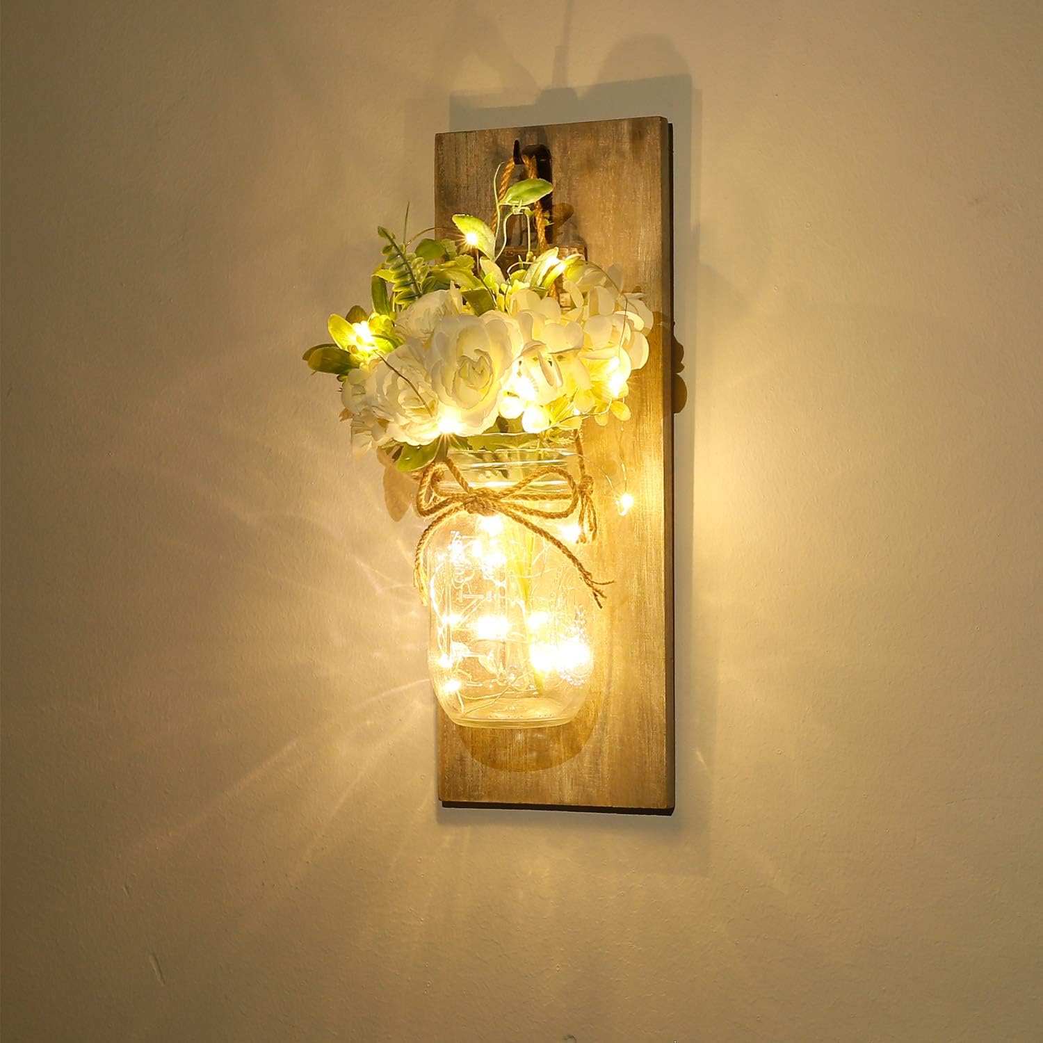 Wall Decor Mason Jar Sconces - Home Decor Wall Art Hanging Design with Remote Control LED Fairy Lights and White Rose, Farmhouse Wall Decorations for Bedroom Living Room Lights Set of Two - Grand Goldman