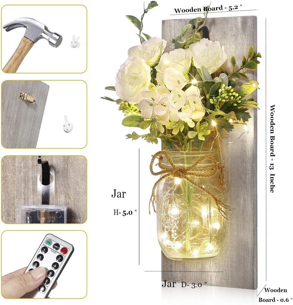 Wall Decor Mason Jar Sconces - Home Decor Wall Art Hanging Design with Remote Control LED Fairy Lights and White Rose, Farmhouse Wall Decorations for Bedroom Living Room Lights Set of Two - Grand Goldman