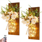 Wall Decor Mason Jar Sconces - Home Decor Wall Art Hanging Design with Remote Control LED Fairy Lights and White Rose, Farmhouse Wall Decorations for Bedroom Living Room Lights Set of Two - Grand Goldman