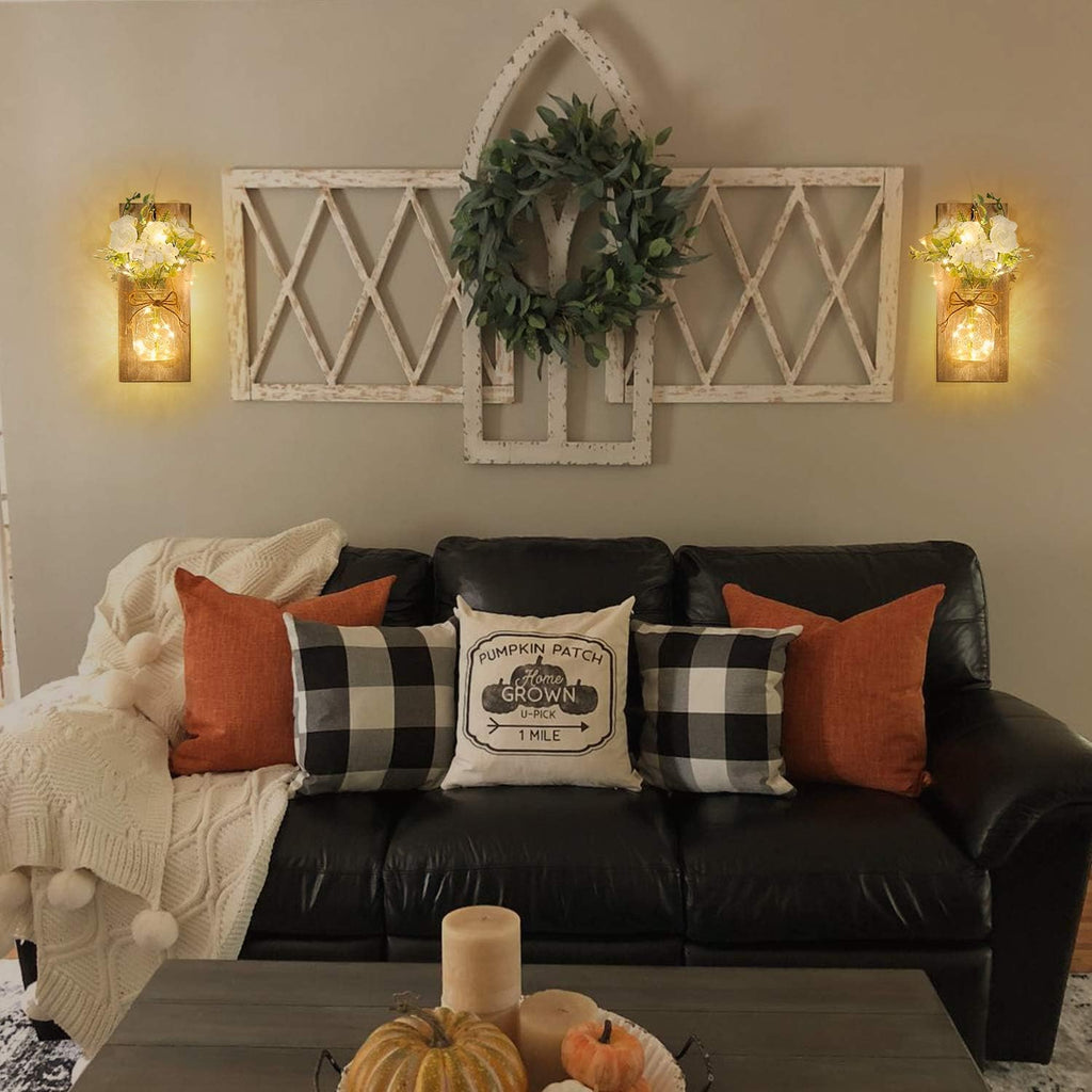 Wall Decor Mason Jar Sconces - Home Decor Wall Art Hanging Design with Remote Control LED Fairy Lights and White Rose, Farmhouse Wall Decorations for Bedroom Living Room Lights Set of Two - Grand Goldman