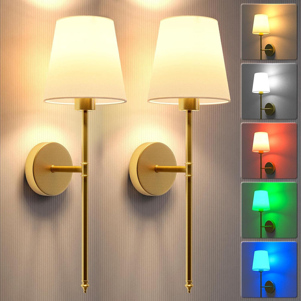 Wall Lights Battery Operated Wall Sconces Set of 2,Gold Wireless Wall Sconces with Remote,9 Colors Modes Rechargeable Wall lamp for Bedroom Living Room - Grand Goldman