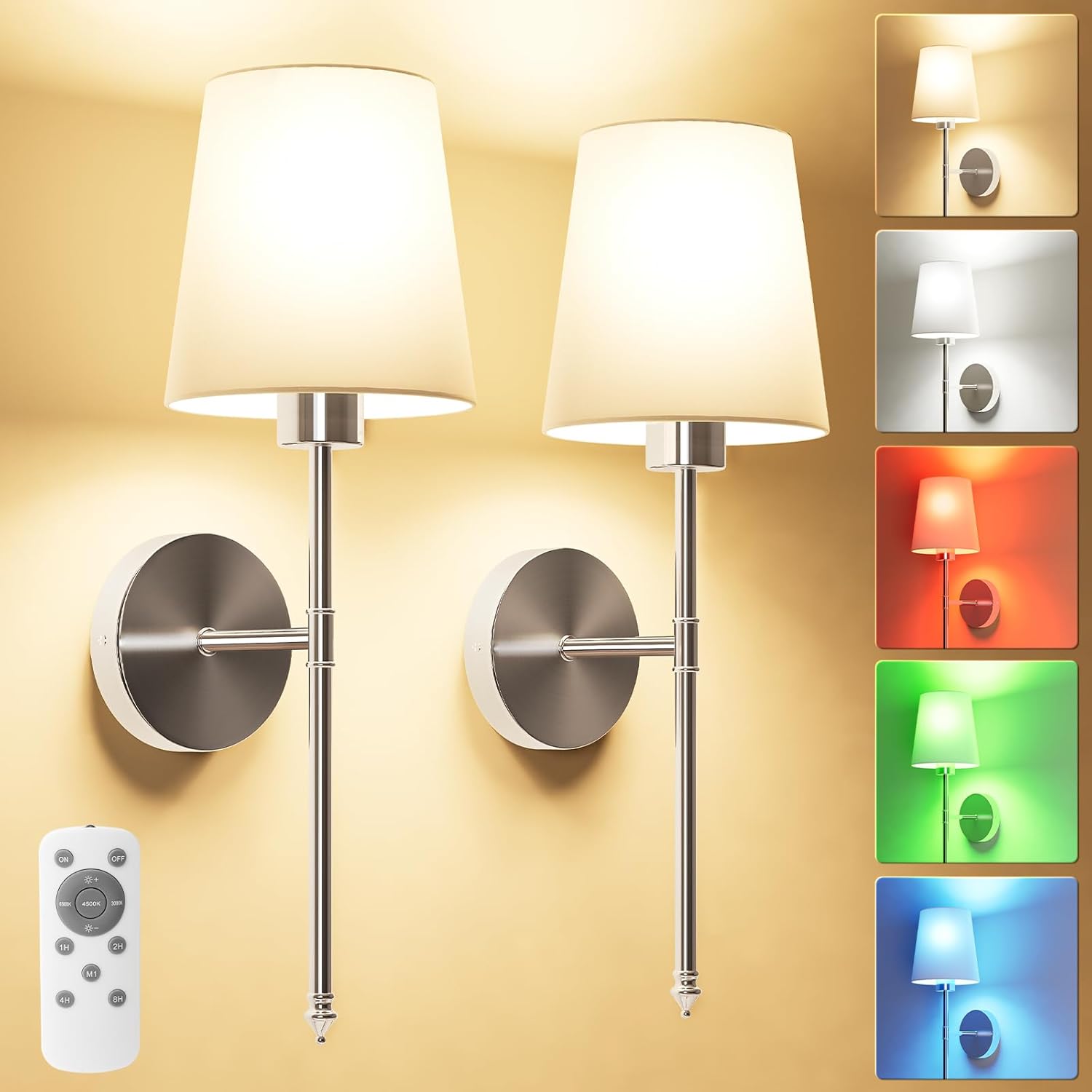 Wall Lights Battery Operated Wall Sconces Set of 2,Gold Wireless Wall Sconces with Remote,9 Colors Modes Rechargeable Wall lamp for Bedroom Living Room - Grand Goldman