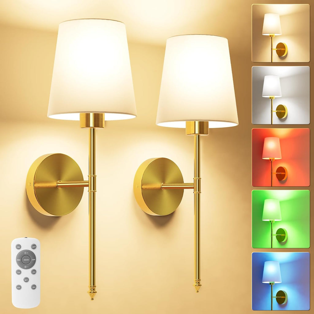 Wall Lights Battery Operated Wall Sconces Set of 2,Gold Wireless Wall Sconces with Remote,9 Colors Modes Rechargeable Wall lamp for Bedroom Living Room - Grand Goldman