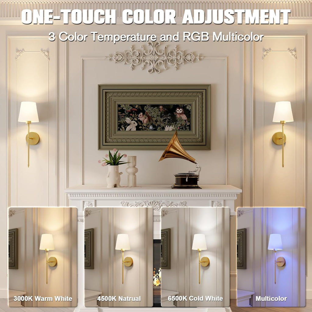 Wall Lights Battery Operated Wall Sconces Set of 2,Gold Wireless Wall Sconces with Remote,9 Colors Modes Rechargeable Wall lamp for Bedroom Living Room - Grand Goldman