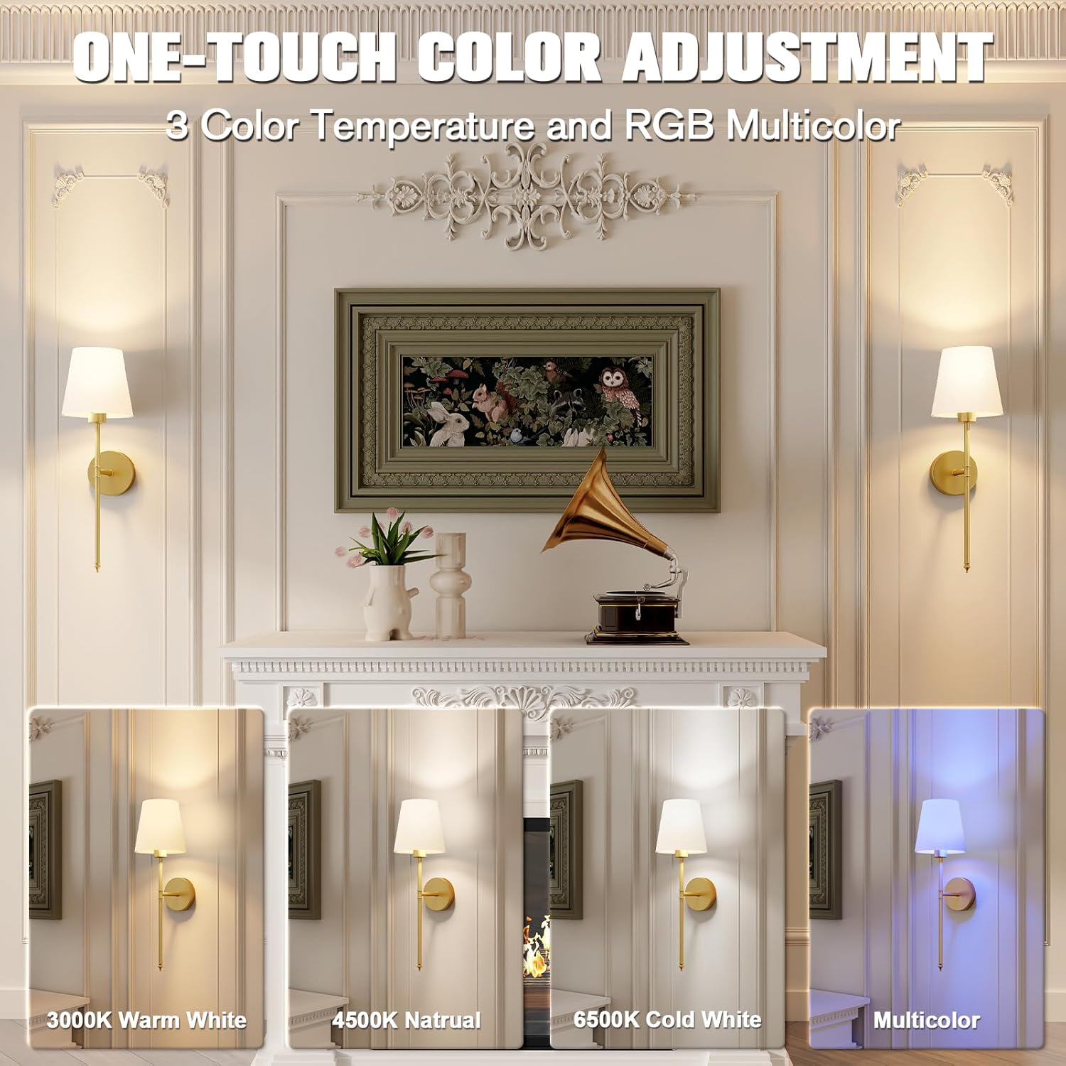 Wall Lights Battery Operated Wall Sconces Set of 2,Gold Wireless Wall Sconces with Remote,9 Colors Modes Rechargeable Wall lamp for Bedroom Living Room - Grand Goldman