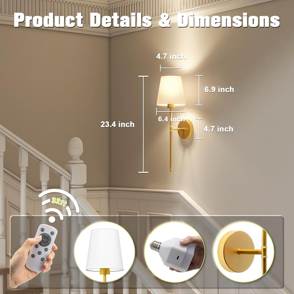Wall Lights Battery Operated Wall Sconces Set of 2,Gold Wireless Wall Sconces with Remote,9 Colors Modes Rechargeable Wall lamp for Bedroom Living Room - Grand Goldman