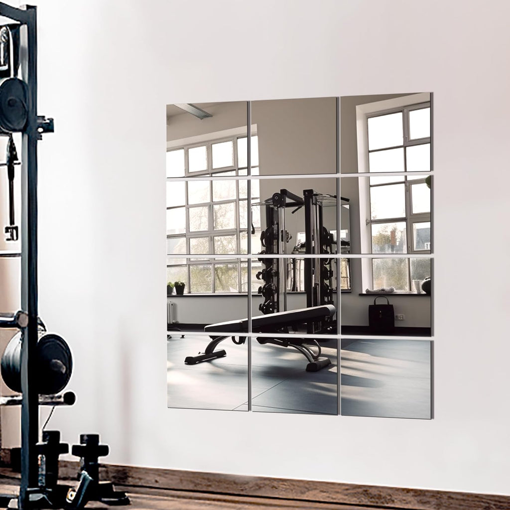 Wall Mirror Full Length Mirror for Wall,Home Gym Mirror 14''x12'' x 12PCS, Glass Frameless Body Mirror Wall-Mounted for Gym, Bedroom, Living Room, Over The Door - Grand Goldman