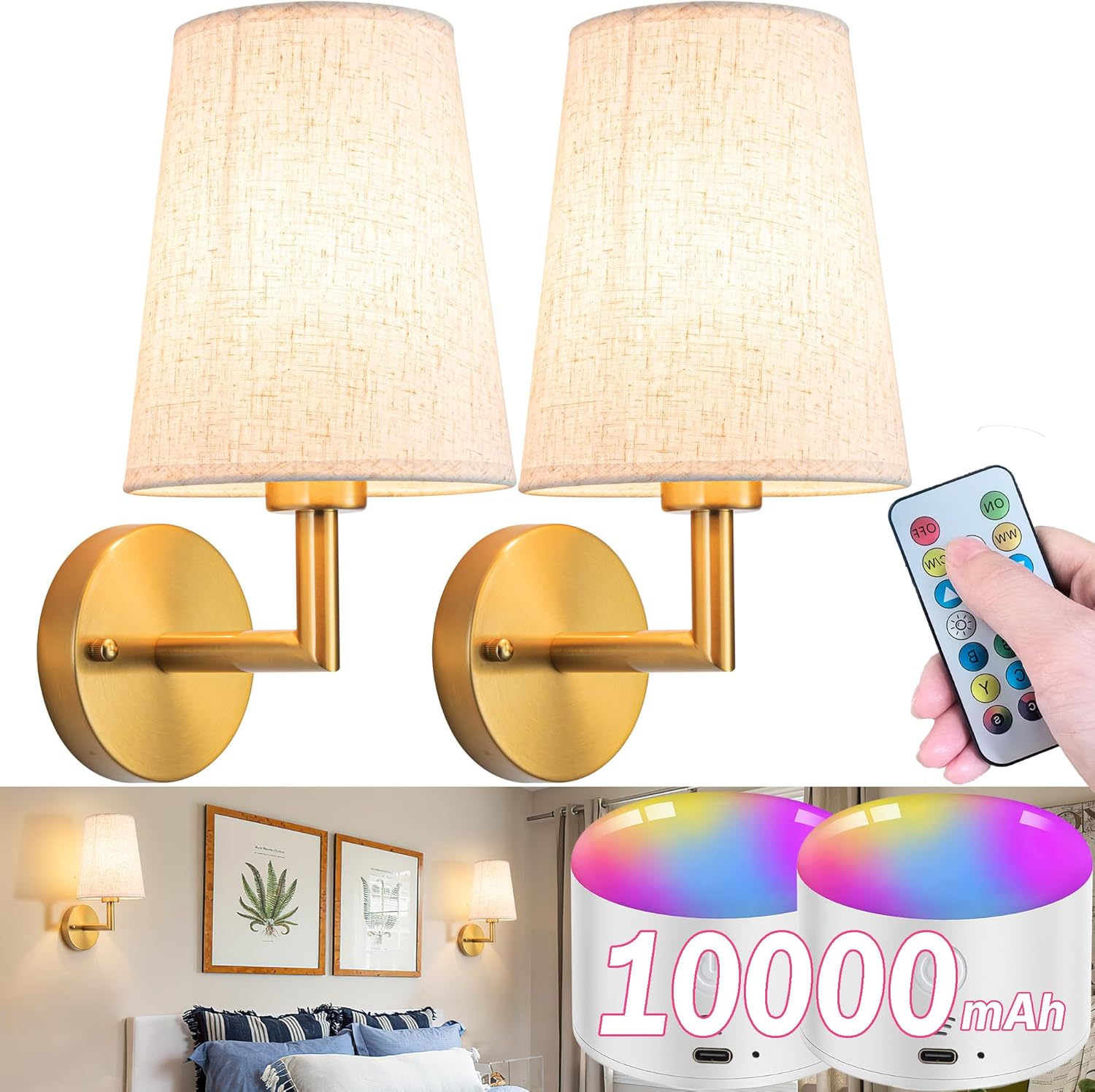 Wall Sconce Battery Operated Wall Light Fixure with Remote Control, Dimmable Battery Operated Wall Sconces Set Of Two, Indoor Wireless Wall Mounted Lamp with Rechargable Bulb For Bedroom Living Room ( - Grand Goldman