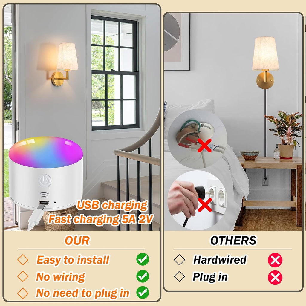 Wall Sconce Battery Operated Wall Light Fixure with Remote Control, Dimmable Battery Operated Wall Sconces Set Of Two, Indoor Wireless Wall Mounted Lamp with Rechargable Bulb For Bedroom Living Room ( - Grand Goldman