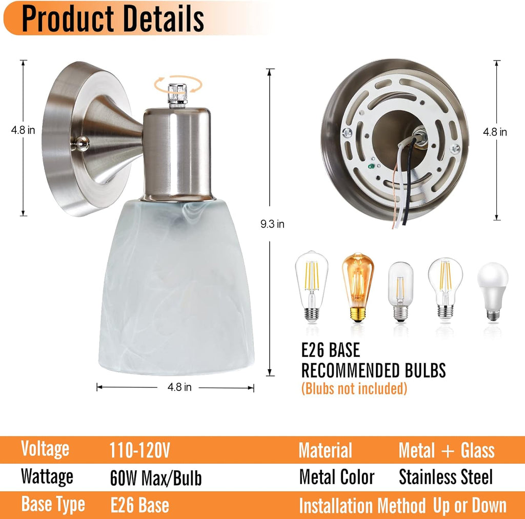 Wall Sconces Set of 2, Brushed Nickel Vanity Lights for Bathroom, Modern Wall Light Fixtures with Rotary Switch, Wall Mount Light with Frosted Glass, Farmhouse Wall Lamp for Bedroom Living Room - Grand Goldman