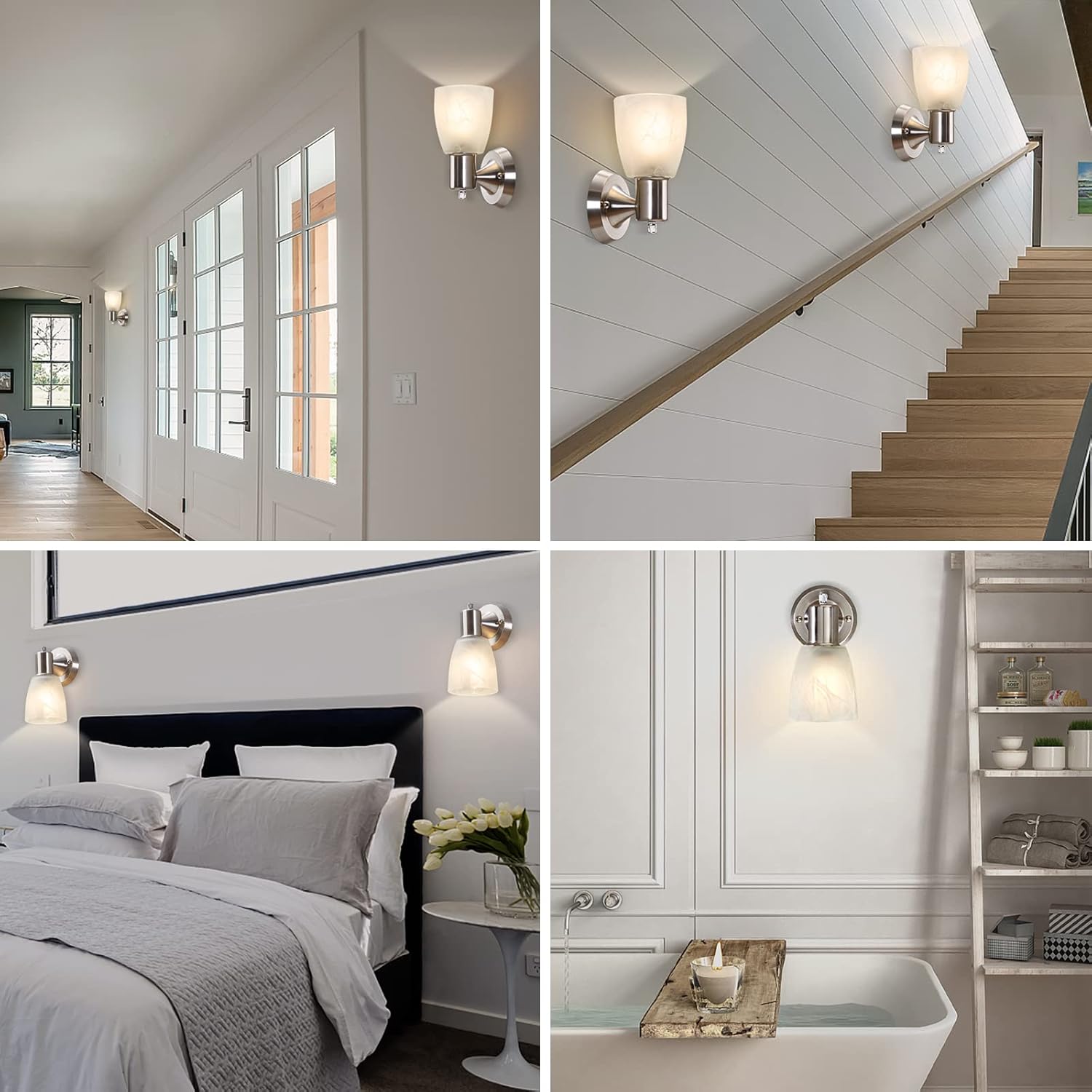 Wall Sconces Set of 2, Brushed Nickel Vanity Lights for Bathroom, Modern Wall Light Fixtures with Rotary Switch, Wall Mount Light with Frosted Glass, Farmhouse Wall Lamp for Bedroom Living Room - Grand Goldman