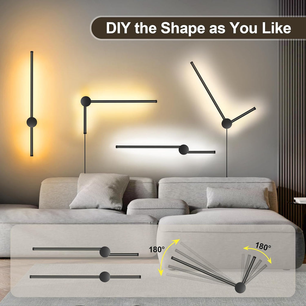 Wall Sconces Set of Two with Remote, Stepless Colors 3000K-6500K & Stepless Dimming, Hardwire or Plug-in, 180° Rotate, LED Black Plug in Wall Sconces with Timer & Night Light, 23.6 Inches - Grand Goldman