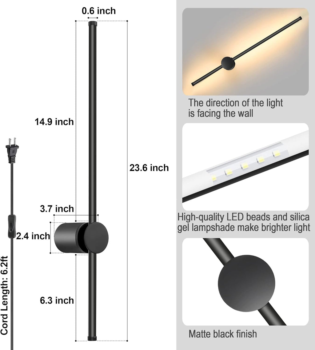 Wall Sconces Set of Two with Remote, Stepless Colors 3000K-6500K & Stepless Dimming, Hardwire or Plug-in, 180° Rotate, LED Black Plug in Wall Sconces with Timer & Night Light, 23.6 Inches - Grand Goldman