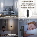 Wall Sconces Set of Two with Remote, Stepless Colors 3000K-6500K & Stepless Dimming, Hardwire or Plug-in, 180° Rotate, LED Black Plug in Wall Sconces with Timer & Night Light, 23.6 Inches - Grand Goldman