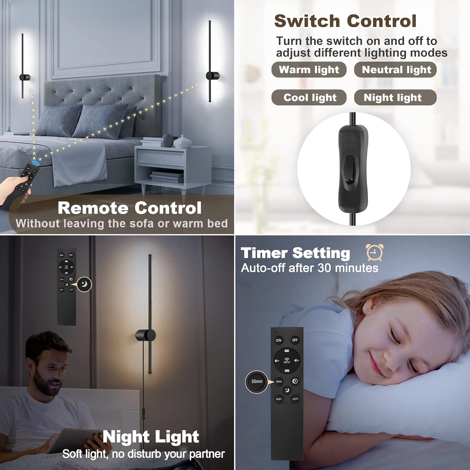 Wall Sconces Set of Two with Remote, Stepless Colors 3000K-6500K & Stepless Dimming, Hardwire or Plug-in, 180° Rotate, LED Black Plug in Wall Sconces with Timer & Night Light, 23.6 Inches - Grand Goldman