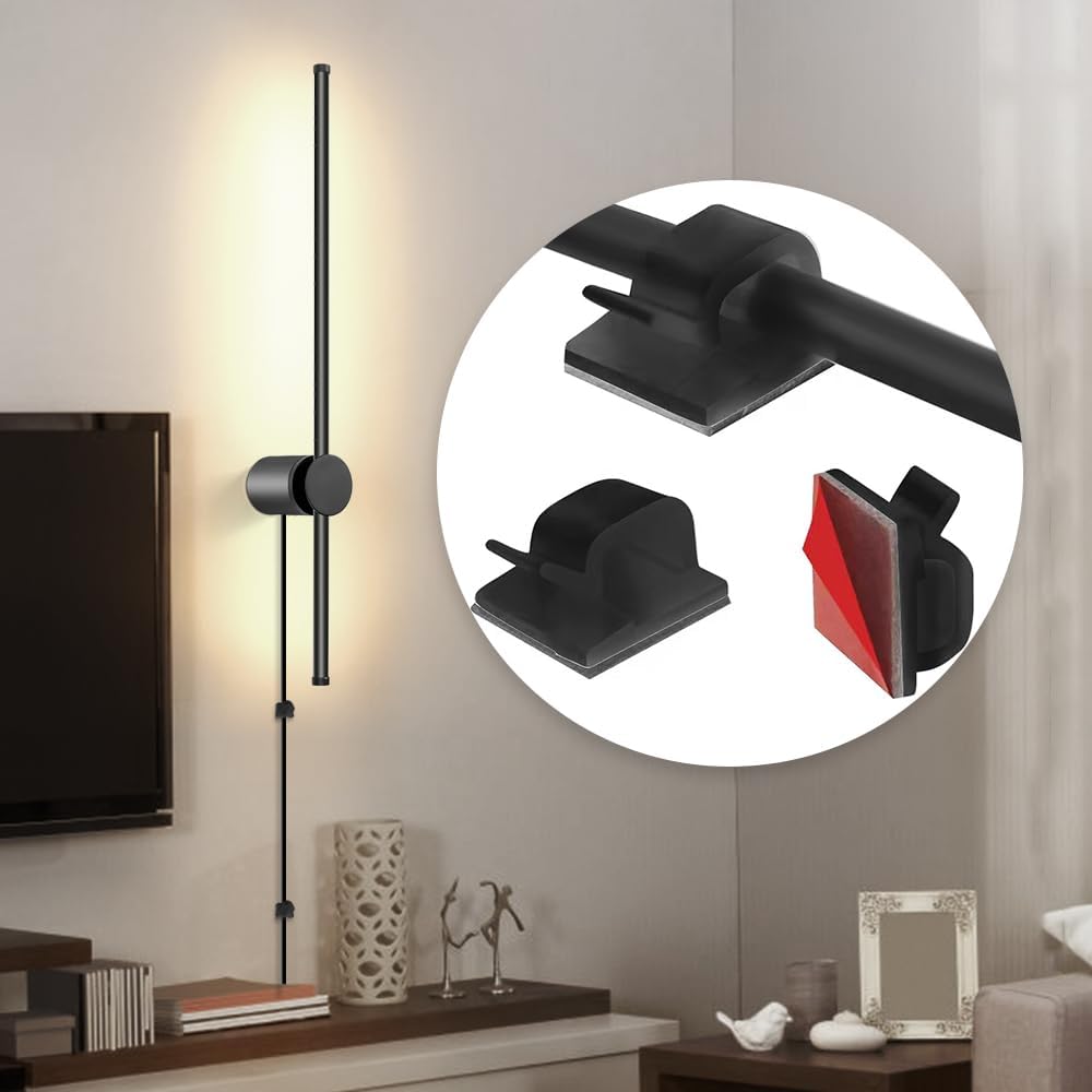 Wall Sconces Set of Two with Remote, Stepless Colors 3000K-6500K & Stepless Dimming, Hardwire or Plug-in, 180° Rotate, LED Black Plug in Wall Sconces with Timer & Night Light, 23.6 Inches - Grand Goldman