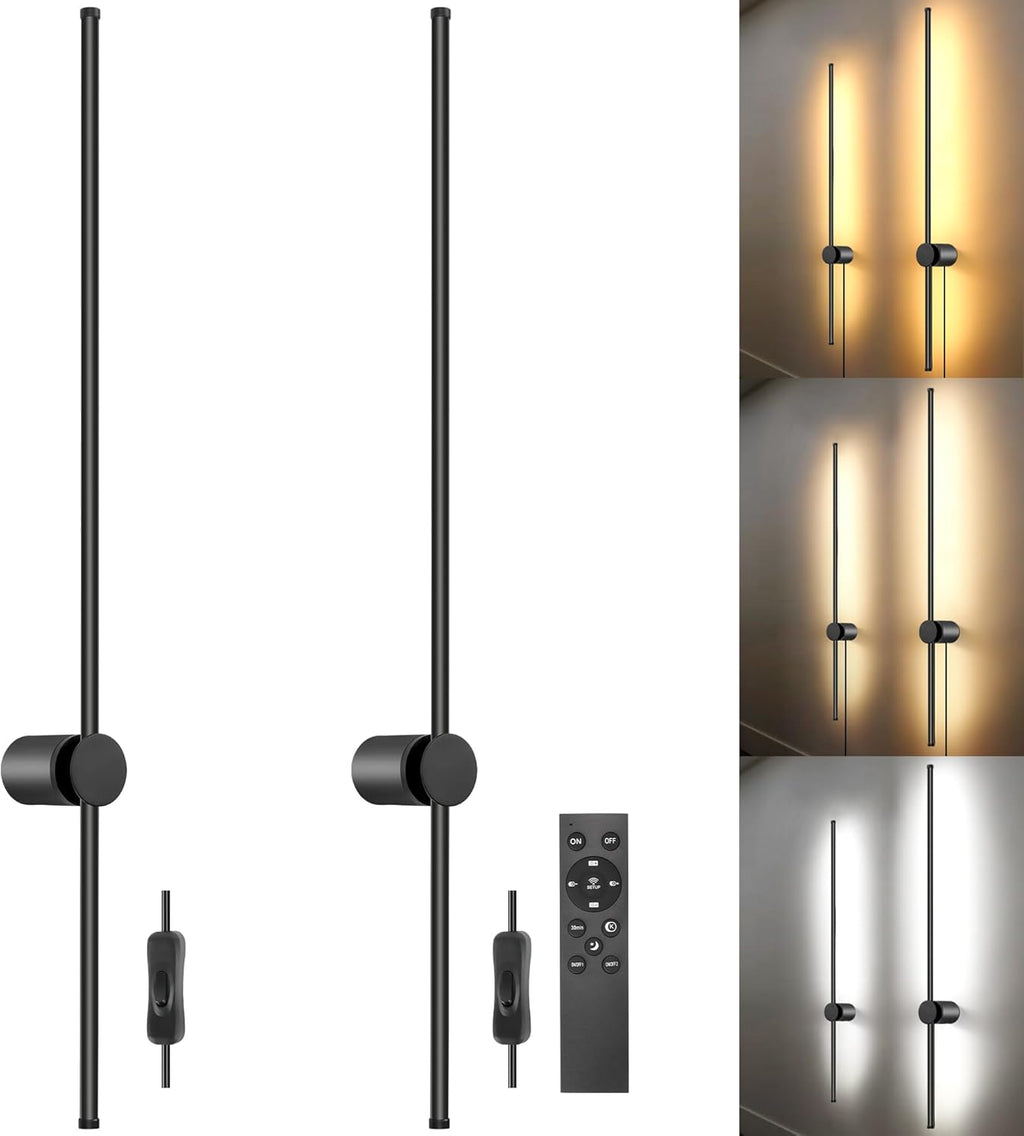 Wall Sconces Set of Two with Remote, Stepless Colors 3000K-6500K & Stepless Dimming, Hardwire or Plug-in, 180° Rotate, LED Black Plug in Wall Sconces with Timer & Night Light, 23.6 Inches - Grand Goldman