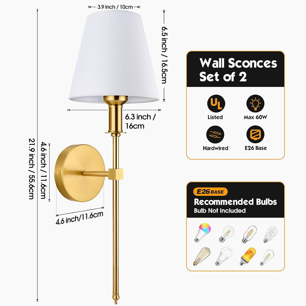 Wall Sconces Sets of 2, Bathroom Vanity Sconces Wall Lighting with White Fabric Shades, Retro Industrial Wall Lamps, Wall Lights Suitable for Bedroom Living Room Kitchen - Grand Goldman