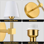 Wall Sconces Sets of 2, Bathroom Vanity Sconces Wall Lighting with White Fabric Shades, Retro Industrial Wall Lamps, Wall Lights Suitable for Bedroom Living Room Kitchen - Grand Goldman