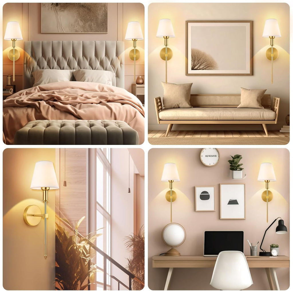Wall Sconces Sets of 2, Bathroom Vanity Sconces Wall Lighting with White Fabric Shades, Retro Industrial Wall Lamps, Wall Lights Suitable for Bedroom Living Room Kitchen - Grand Goldman