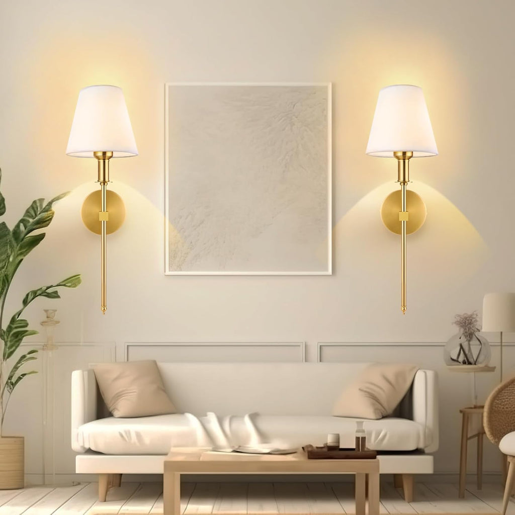 Wall Sconces Sets of 2, Bathroom Vanity Sconces Wall Lighting with White Fabric Shades, Retro Industrial Wall Lamps, Wall Lights Suitable for Bedroom Living Room Kitchen - Grand Goldman
