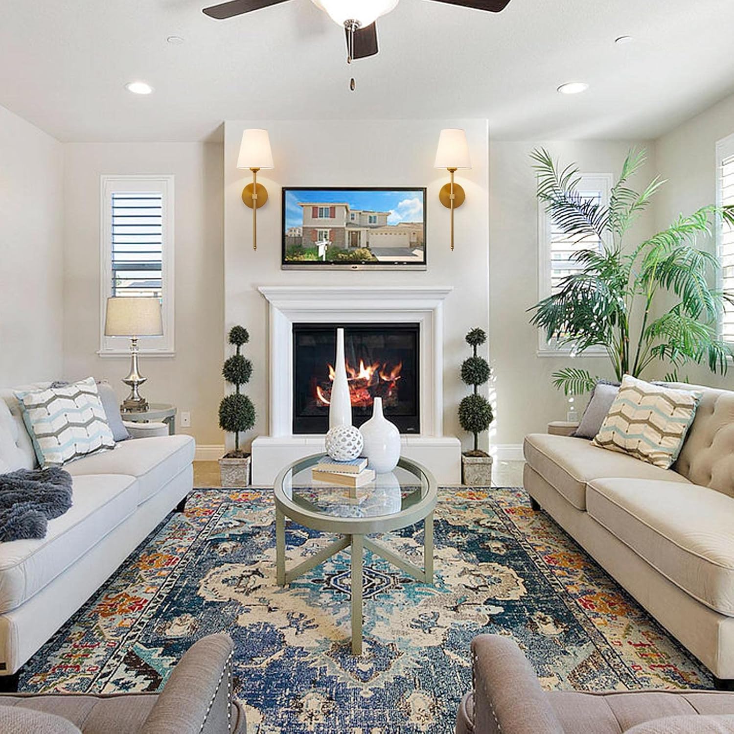 Wall Sconces Sets of 2, Retro Industrial Wall Lamps, Bathroom Vanity Sconces Wall Lighting with White Fabric Shade, Suitable for Bedroom Living Room Corridor Kitchen - Grand Goldman