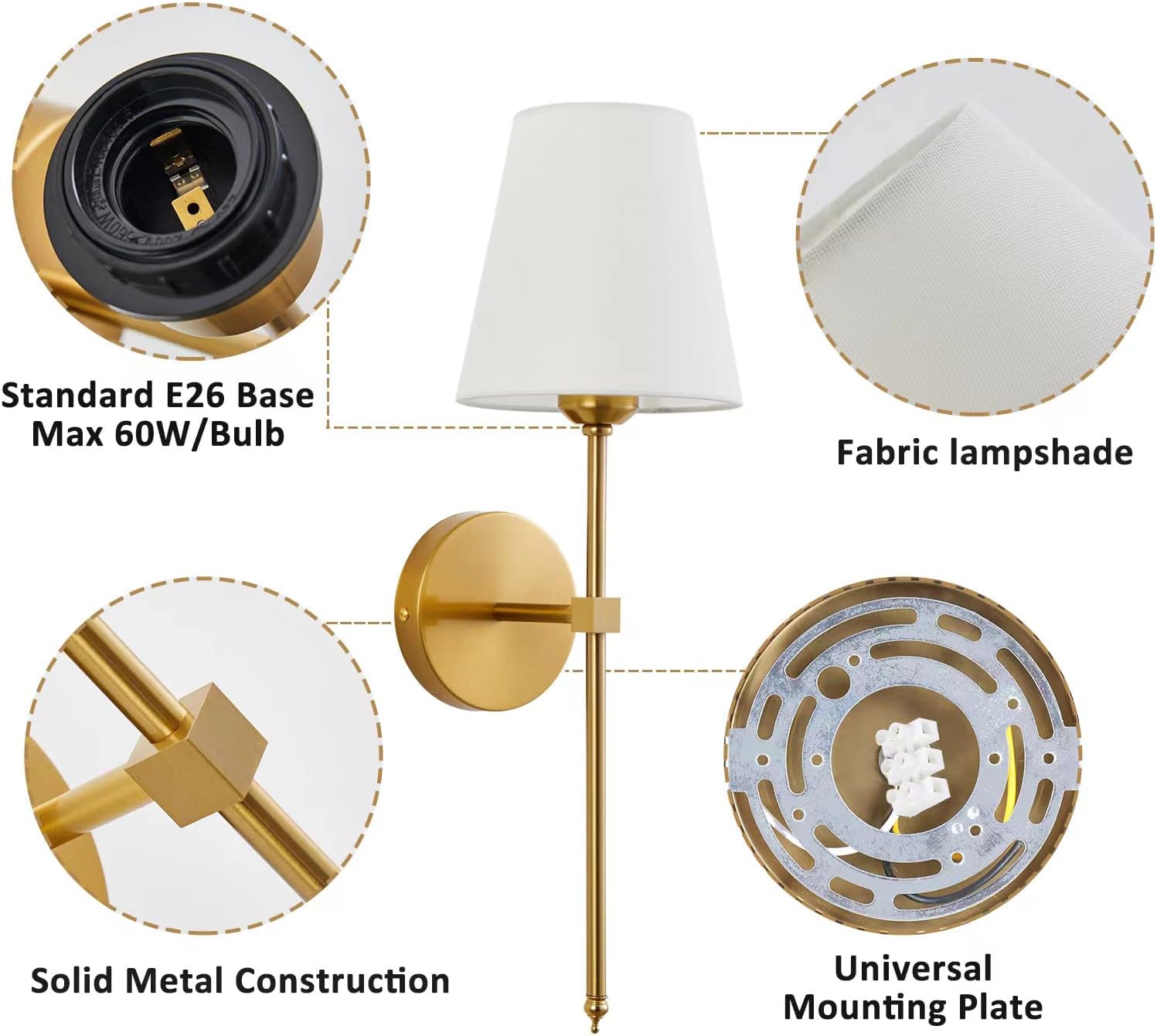 Wall Sconces Sets of 2, Retro Industrial Wall Lamps, Bathroom Vanity Sconces Wall Lighting with White Fabric Shade, Suitable for Bedroom Living Room Corridor Kitchen - Grand Goldman