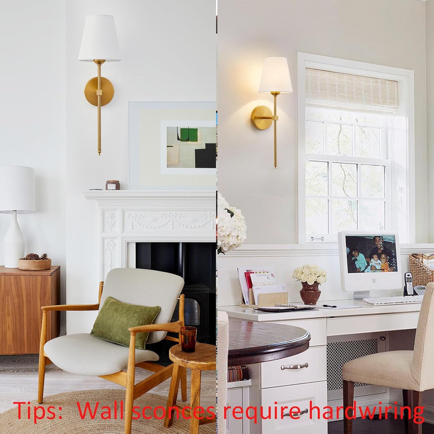 Wall Sconces Sets of 2, Retro Industrial Wall Lamps, Bathroom Vanity Sconces Wall Lighting with White Fabric Shade, Suitable for Bedroom Living Room Corridor Kitchen - Grand Goldman