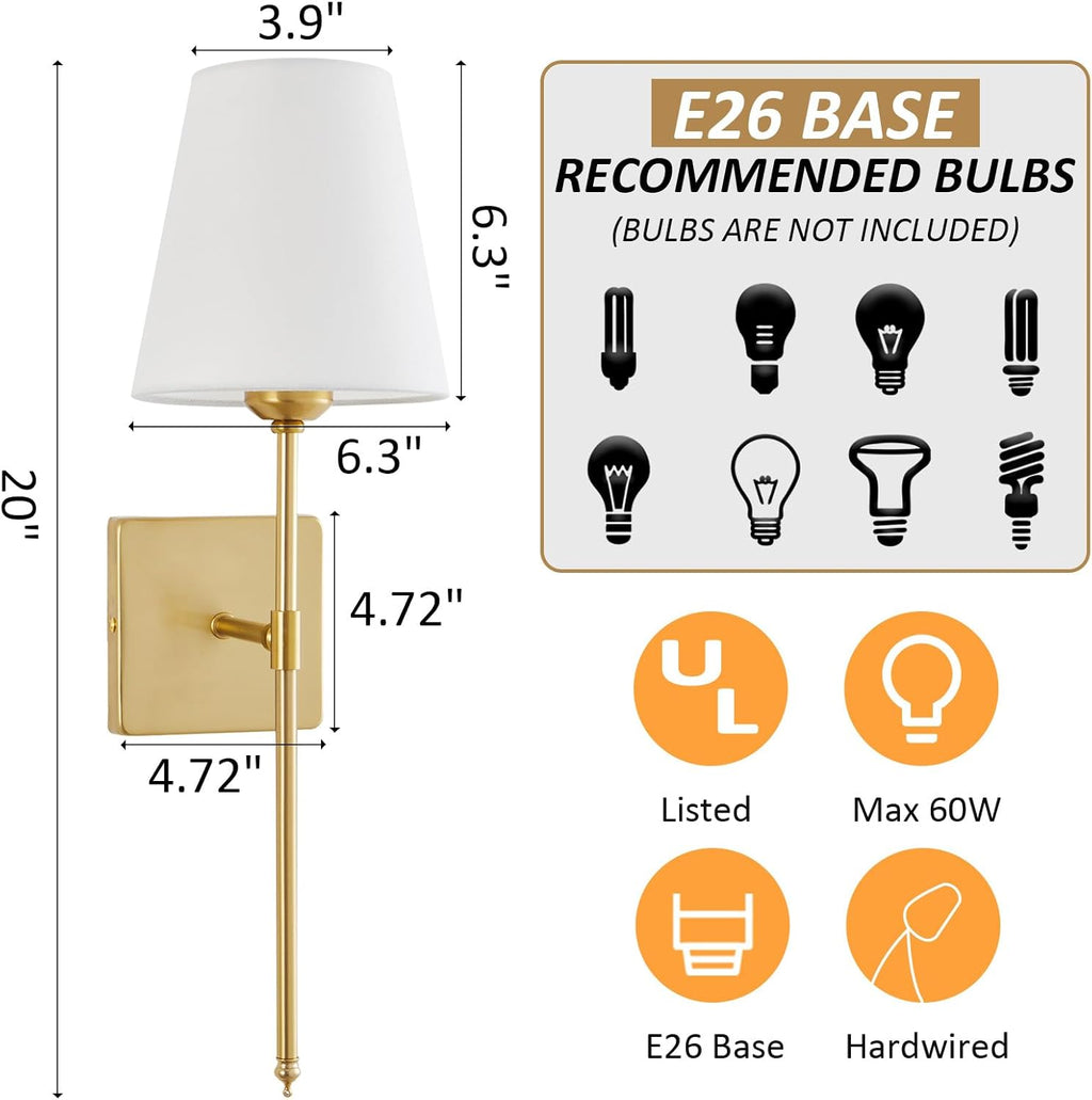 Wall Sconces Sets of 2, White Fabric Shades Wall Sconces, Hardwired Retro Industrial Wall Lamps, Bathroom Vanity Sconces Wall Lighting, Wall Mounted Lamps for Bedroom Living Room Kitchen Mirror - Grand Goldman
