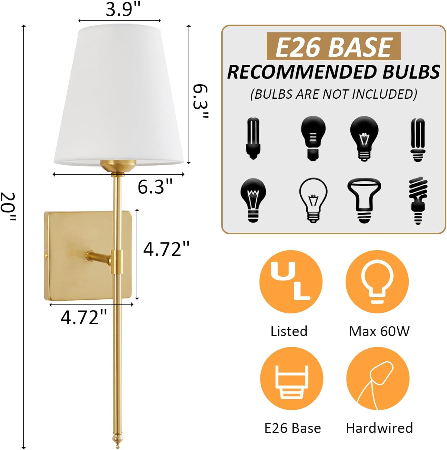 Wall Sconces Sets of 2, White Fabric Shades Wall Sconces, Hardwired Retro Industrial Wall Lamps, Bathroom Vanity Sconces Wall Lighting, Wall Mounted Lamps for Bedroom Living Room Kitchen Mirror - Grand Goldman