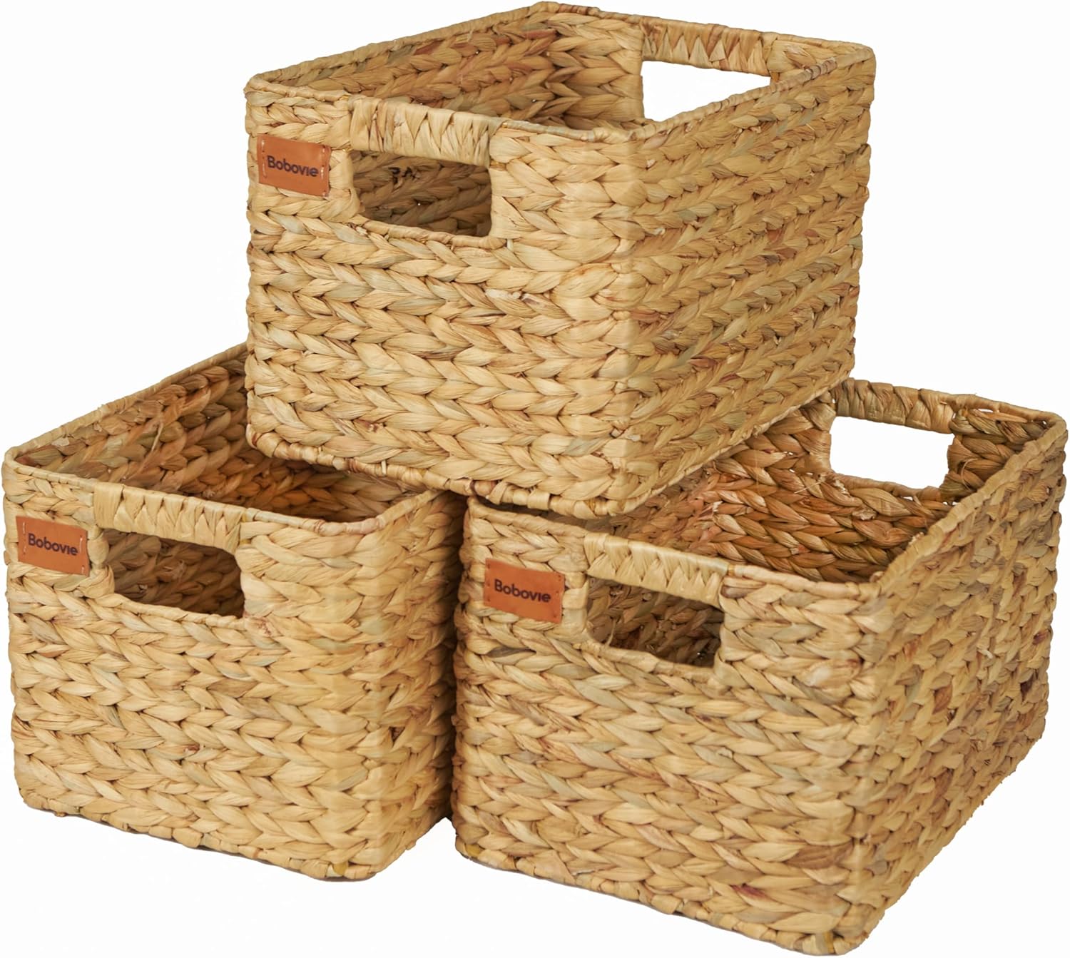 Water Hyacinth Large Wicker Baskets, Set of 3, Handwoven Storage Organizer, 14.2x10.2x8.7H Inches - Durable Rectangular Basket for Shelf Storage, Ideal for Home and Pantry - Grand Goldman