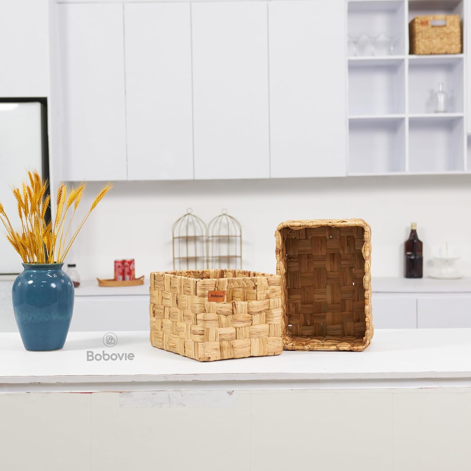 Water Hyacinth Large Wicker Baskets, Set of 3, Handwoven Storage Organizer, 14.2x10.2x8.7H Inches - Durable Rectangular Basket for Shelf Storage, Ideal for Home and Pantry - Grand Goldman