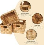 Water Hyacinth Large Wicker Baskets, Set of 3, Handwoven Storage Organizer, 14.2x10.2x8.7H Inches - Durable Rectangular Basket for Shelf Storage, Ideal for Home and Pantry - Grand Goldman
