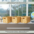 Water Hyacinth Large Wicker Baskets, Set of 3, Handwoven Storage Organizer, 14.2x10.2x8.7H Inches - Durable Rectangular Basket for Shelf Storage, Ideal for Home and Pantry - Grand Goldman