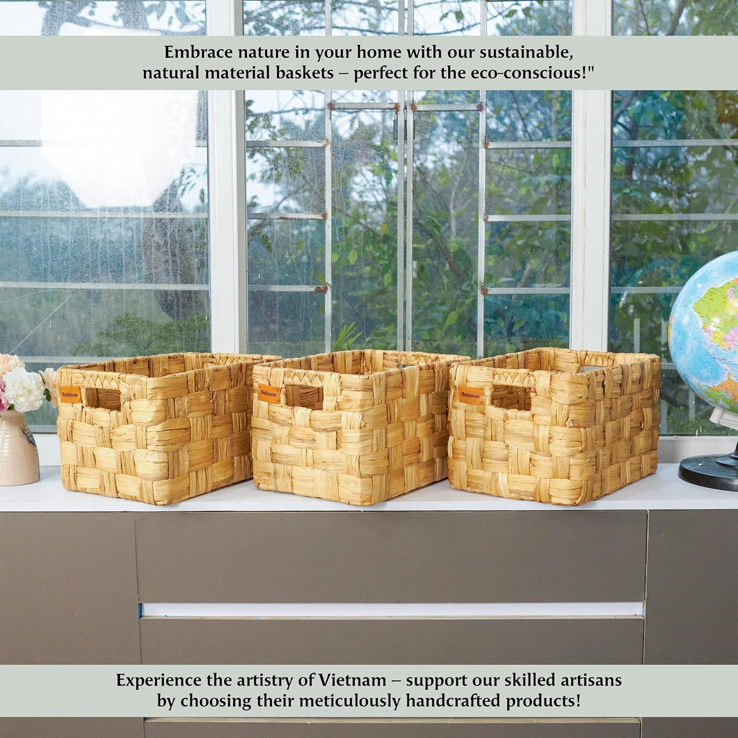 Water Hyacinth Large Wicker Baskets, Set of 3, Handwoven Storage Organizer, 14.2x10.2x8.7H Inches - Durable Rectangular Basket for Shelf Storage, Ideal for Home and Pantry - Grand Goldman