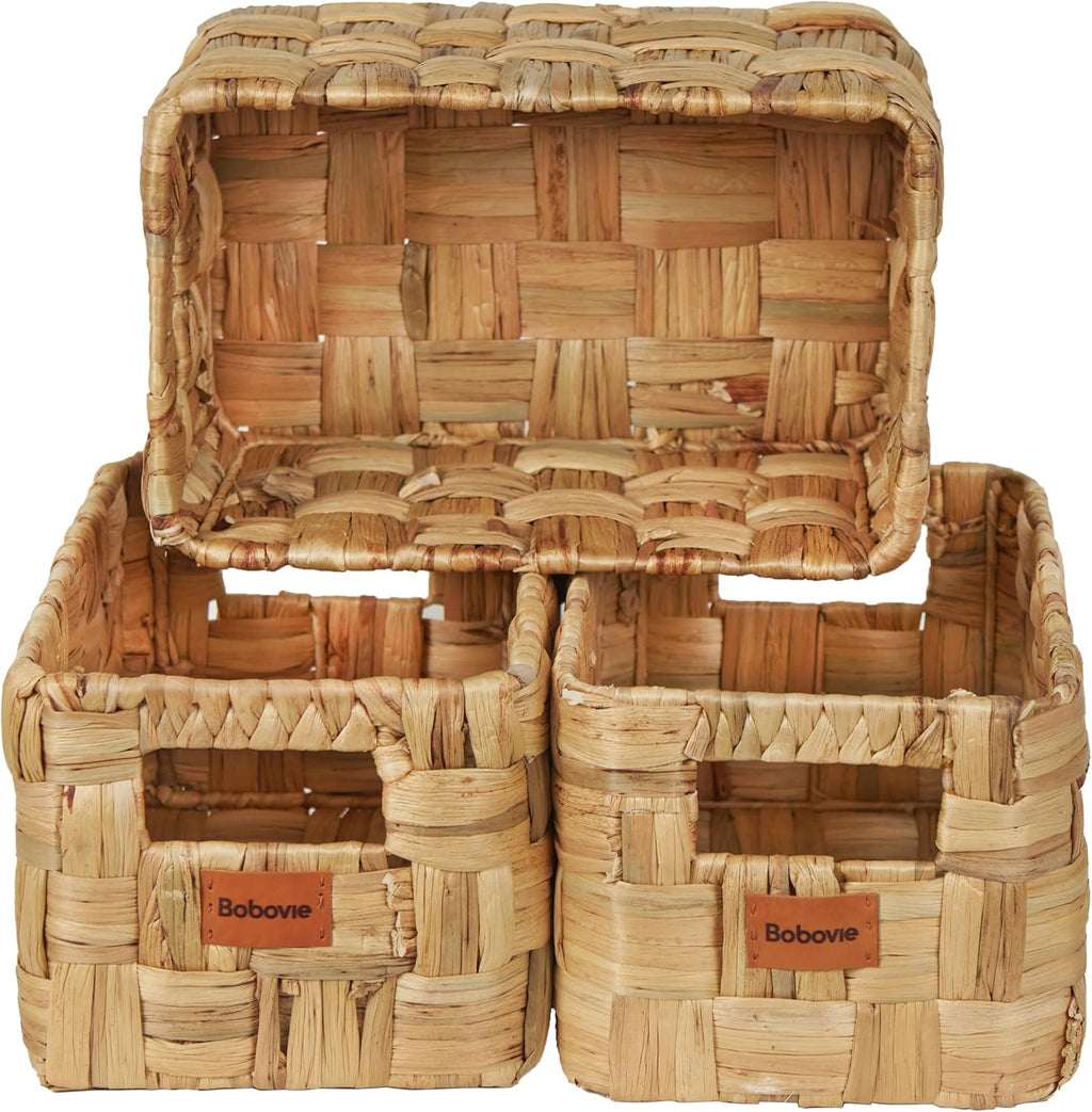 Water Hyacinth Large Wicker Baskets, Set of 3, Handwoven Storage Organizer, 14.2x10.2x8.7H Inches - Durable Rectangular Basket for Shelf Storage, Ideal for Home and Pantry - Grand Goldman