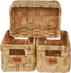 Water Hyacinth Large Wicker Baskets, Set of 3, Handwoven Storage Organizer, 14.2x10.2x8.7H Inches - Durable Rectangular Basket for Shelf Storage, Ideal for Home and Pantry - Grand Goldman