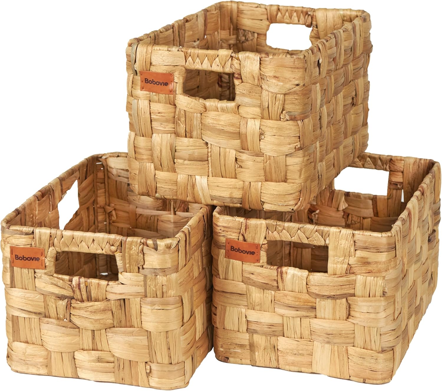 Water Hyacinth Large Wicker Baskets, Set of 3, Handwoven Storage Organizer, 14.2x10.2x8.7H Inches - Durable Rectangular Basket for Shelf Storage, Ideal for Home and Pantry - Grand Goldman