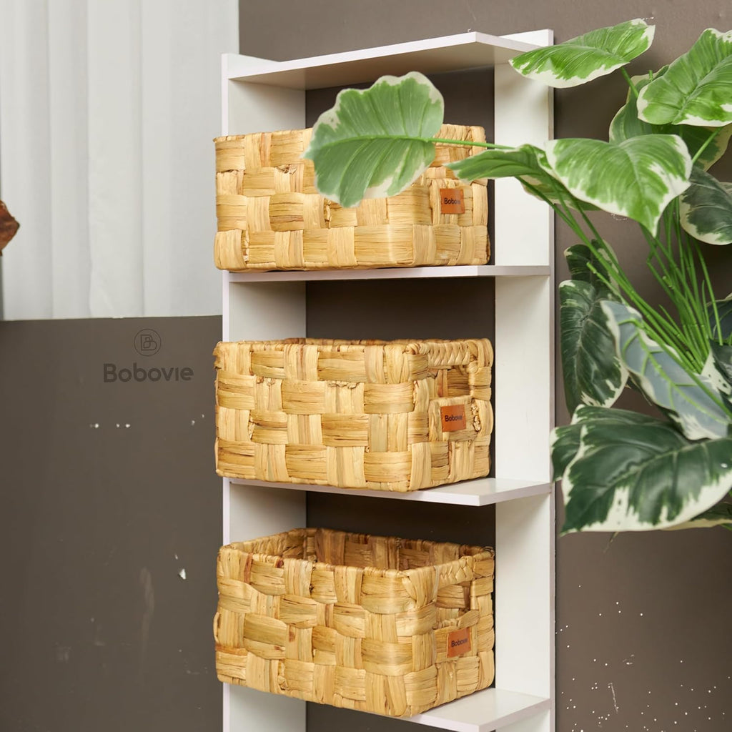 Water Hyacinth Large Wicker Baskets, Set of 3, Handwoven Storage Organizer, 14.2x10.2x8.7H Inches - Durable Rectangular Basket for Shelf Storage, Ideal for Home and Pantry - Grand Goldman